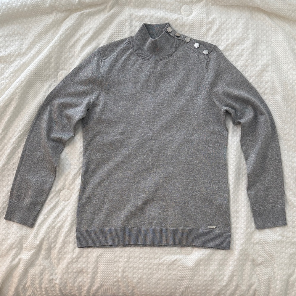 Calvin Klein Women's Gray Mock Turtleneck Sweater with Button Detail